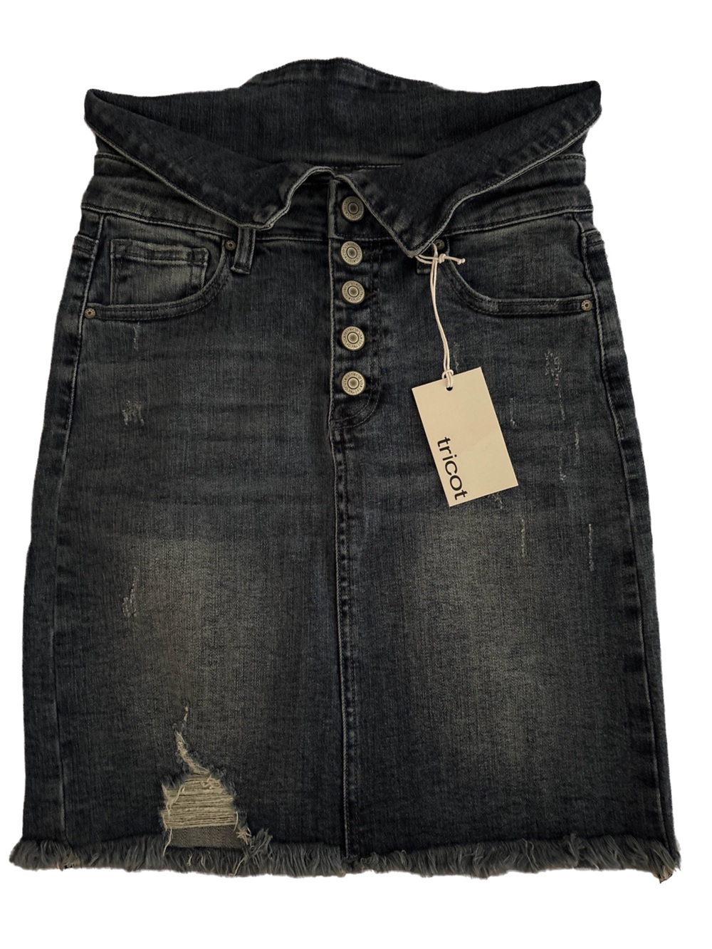 Tricot Black Distressed Denim Pencil Skirt with Button Front
